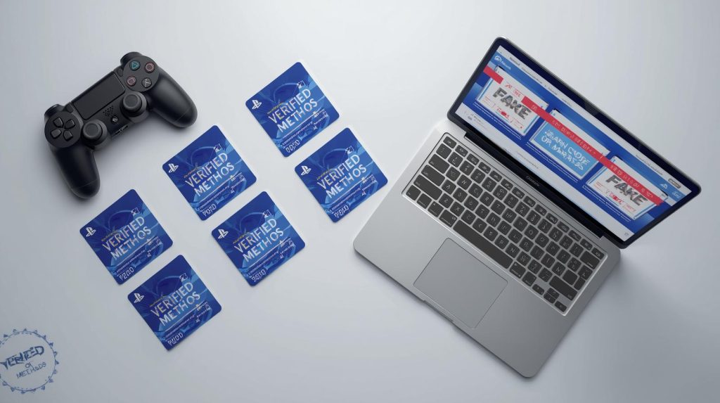 10 PSN gift card digital code free concept — PlayStation controller, multiple digital codes, and rewards dashboard with verified badge.