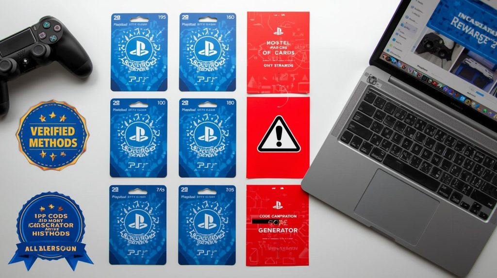 10 PSN gift card digital code free concept — PlayStation controller, multiple digital codes, and rewards dashboard with verified badge.
