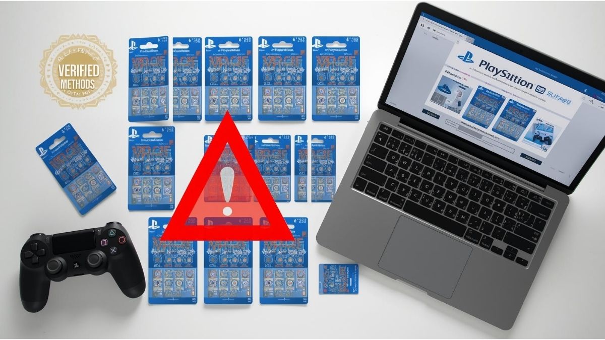 10 PSN gift card digital code free concept — PlayStation controller, multiple digital codes, and rewards dashboard with verified badge.