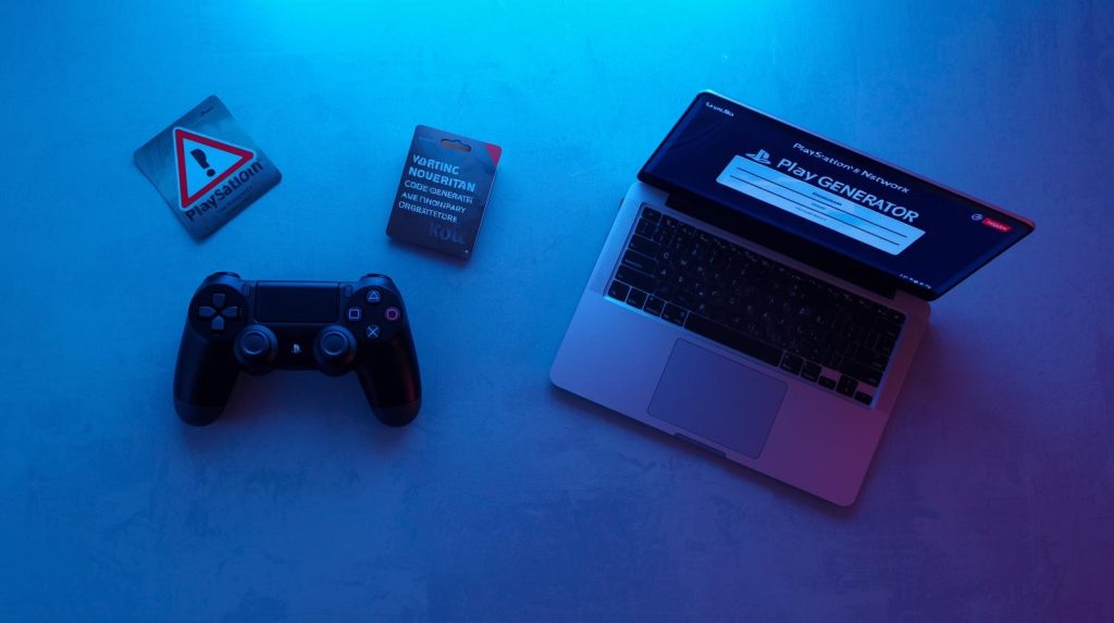 Free PSN gift card codes generator concept showing PlayStation controller and gift cards on desk
