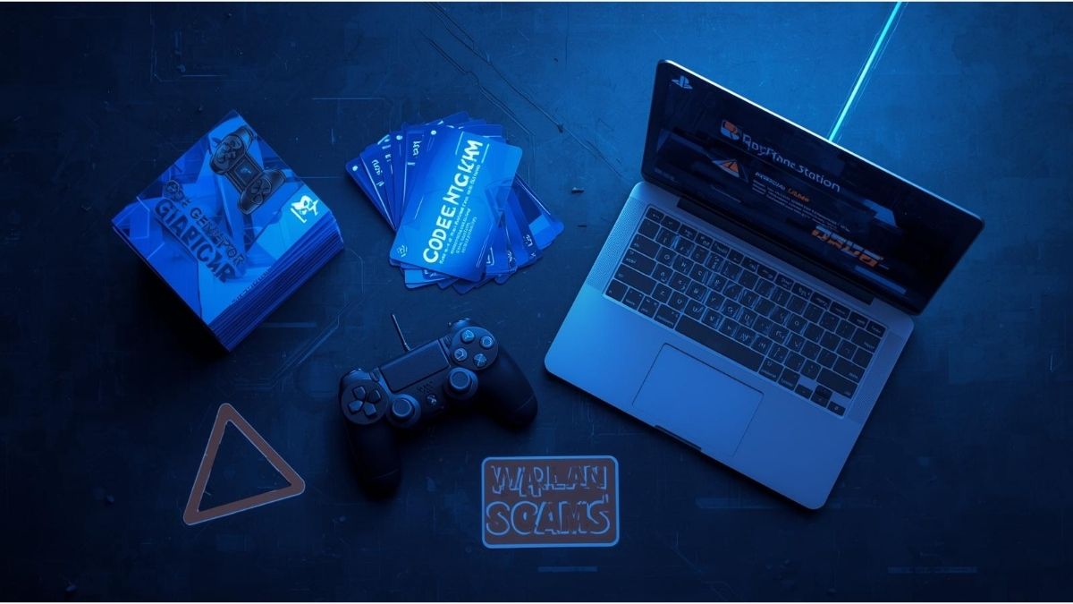 Free PSN gift card codes generator concept showing PlayStation controller and gift cards on desk