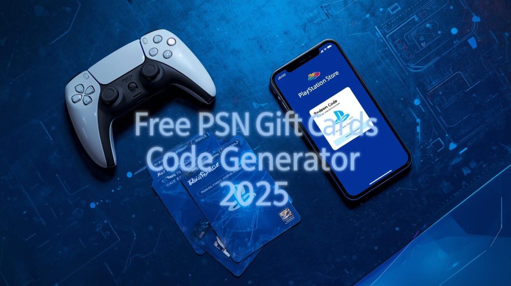 “Illustration of PlayStation controller, PSN gift cards, and digital code screen showing free PSN gift cards code generator 2025