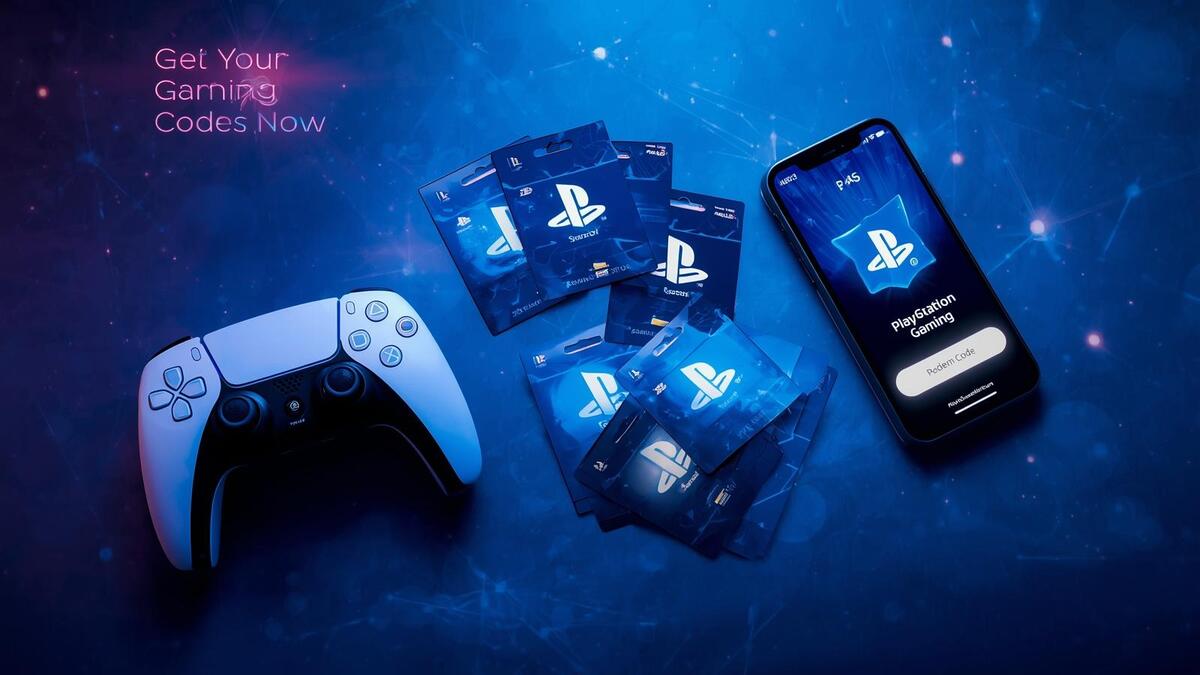 PlayStation controller and PSN cards beside smartphone showing redeem screen – free PSN gift cards code generator 2025
